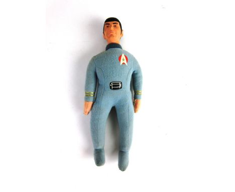 A 1979 Knickerbocker soft poseable figure of Star Trek Mr Spock, in a blue Star Fleet jump suit with a plastic head h. 33cm 