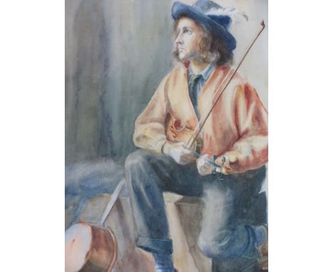 Late 19th Century School,a study of a busker playing a viola,unsigned,watercolour,46 x 32 cm,framed and glazed