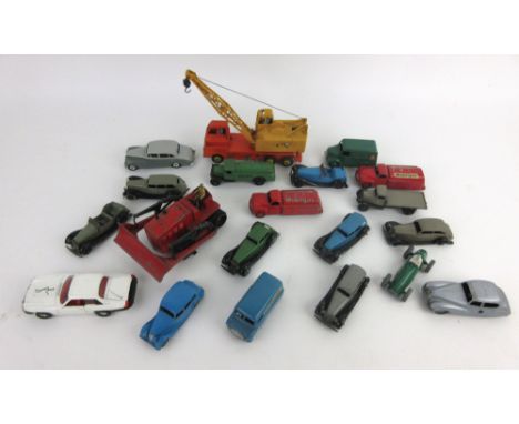 A collection of loose play worn diecast vehicles to include eighteen Dinky vehicles (20Ton Lorry Mounted Crane, Blaw knox Bul