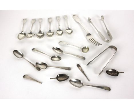 A group of six Victorian silver teaspoons, London 1847, together with a group of other assorted flatware and two sugar tongs,