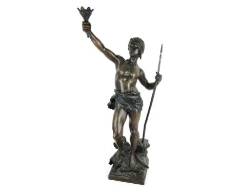 After Louis Auguste Moreau (French, 1855-1919) a large spelter figural lamp base, of a spear hunter, marked to the base VICI 