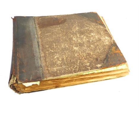 A large brown leather bound album containing a large variety of late 19th century/early 20th century postcards with an archit