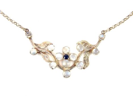 Moonstone & amethyst floral spray necklace, set in silver