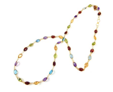 Contemporary multi stone necklace, amethyst, garnet, blue topaz, peridot & citrine set in 14ct gold