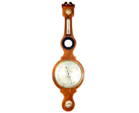 A mid 19th century inlaid mahogany banjo barometer, of typical form with broken swan neck pediment, the silvered dial signed 
