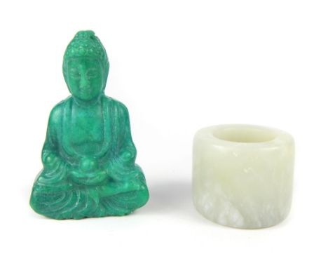 Chinese jade pendant, carving of Buddha holding an orb, 6.1cm h, and a jade Archer's ring (2) 