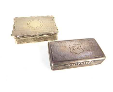 Victorian silver gilt snuff box, engine turned lid with cartouche, floral lip, Birmingham 1840, 6.5cm w, and a 19thC silver p