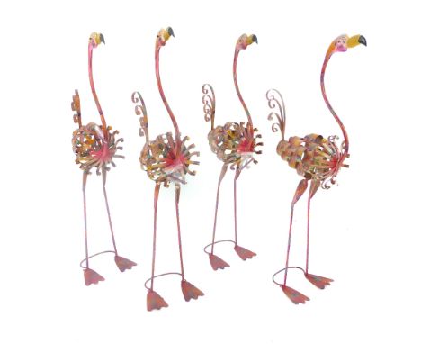 Flock of four Flamingoes, light metal construction, multi colour plumage, 104cm h