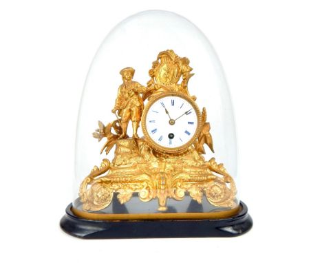 19thC mantle clock under glass dome, Brevete French mechanism,  8cm enamel dial with Roman numerals, the case with an 18thC c