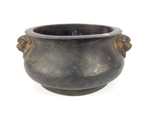 Chinese bronze censer, temple dog mask handles, impress stamp to base, approx 12.5cm dia