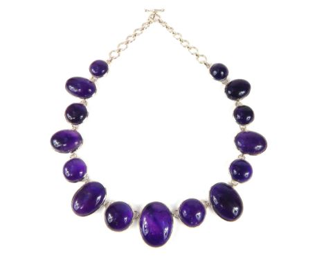 Designer necklace, cabochon amethyst, set in silver, largest approx 32mm