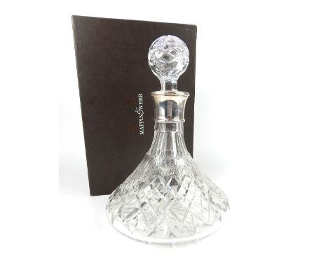 A contemporary Mappin & Webb silver collared cut glass ship's decanter and stopper, Birmingham 1996, 25cm high, complete with