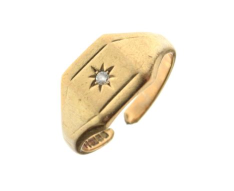 Gentleman's 9ct gold signet ring, gypsy-set central diamond, shank cut, 5g gross approx Condition: Shank cut as catalogued. *