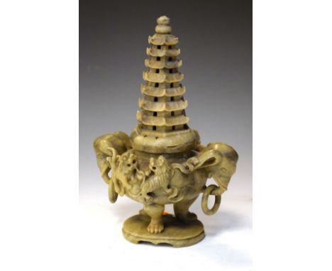 20th Century Asian soapstone incense burner, 27cm high Condition: Apparent loss to tip of finial, chip to rim of burner. **Du
