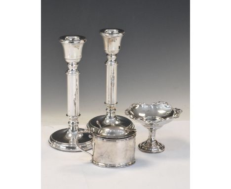 Pair of Elizabeth II silver candlesticks, Birmingham 1997, 17.5cm high, together with Edward VII silver mustard pot, Birmingh