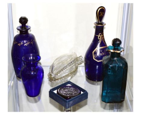 Late 18th/early 19th Century Bristol blue mallet shaped decanter with gilt decoration, blue glass vase, etc, 24cm high and sm