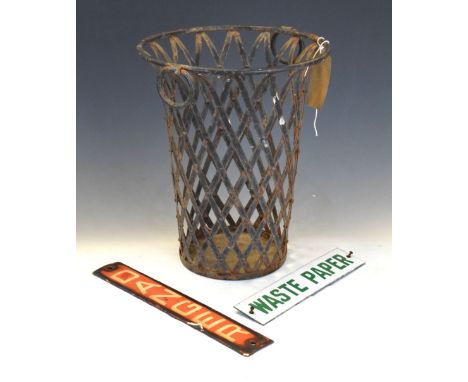 Vintage waste paper basket having two loop handles, together with enamel 'Waste Paper' plaque, and a 'Danger' plaque Conditio
