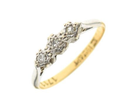 Yellow metal, platinum and three-stone diamond ring, shank stamped 18ct &amp; Pt, size M, 2g gross approx Condition: General 