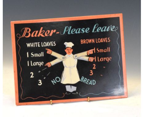 Small vintage 'Baker - Please Leave' tin sign with adjustable arms for orders, 18.5cm x 23.5cm Condition: Light scratches pre