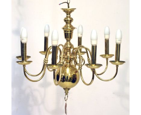 Modern brass eight branch Dutch style chandelier, 74cm diameter Condition: **Due to current lockdown conditions this is an on