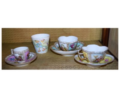 Three Continental Dresden Helena Wolfsohn style cabinet cups and saucers, together with a Shelley children's cup Condition: S