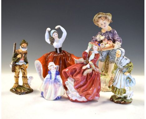 Royal Doulton - Karen HN2388, Top of the Hill HN1834, and Dinky Do HN1678; together with three other ceramic figures, 25cm hi