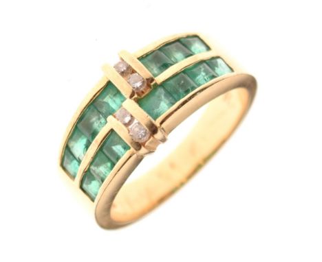 Yellow metal, emerald and diamond dress ring, shank stamped 585, size N, 5.4g gross approx Condition: General condition consi