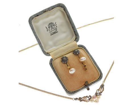 9ct gold filed curb-link necklace, together with an unmarked yellow metal, pearl and white stone pendant of leaf and berry de