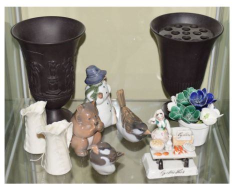 Mixed lot of British and Continental ceramics to include two Wedgwood black basalt vases, pair of Royal Worcester relief moul