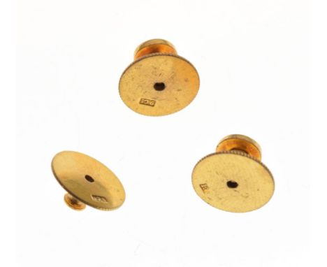 Three yellow metal collar studs to include a pair, all stamped 9ct, 3.3g approx Condition: General condition consistent with 