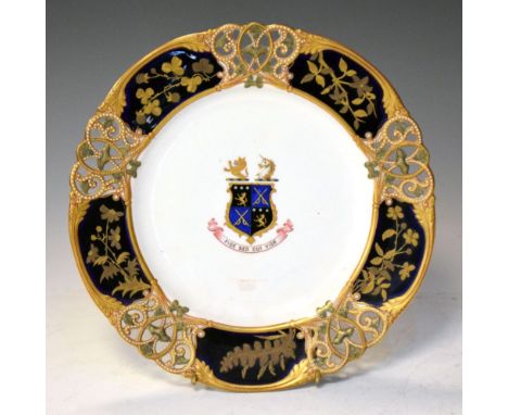 Royal Worcester - Armorial decorated cabinet plate with pierced border, green printed mark verso, 23cm diameter Condition: **