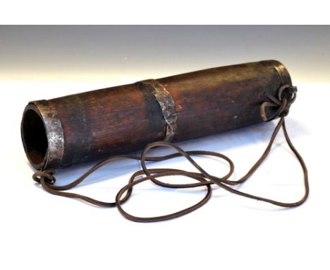 Bamboo water carrier having three metal bands and leather strap, 34cm high Condition: General condition consistent with age, 