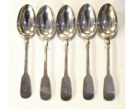 Set of five Victorian silver Fiddle pattern dessert spoons, London 1853, 255g approx Condition: Each spoon has the initial P 