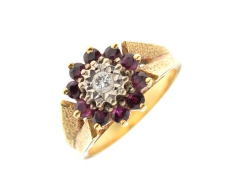 18ct gold, diamond and ruby cluster ring, size N, 7g gross approx Condition: General condition consistent with age and use. *