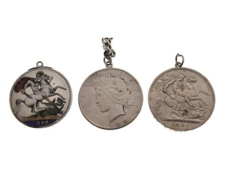 Coins - George IV crown with later mount and coloured decoration, George VI crown 1951 with mount ring and 1925 United States