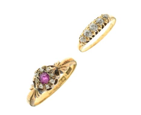 18ct gold, ruby and diamond cluster ring, size R, together with another 18ct gold ring set five diamonds, size H½, 6.4g gross