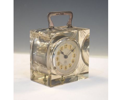 Junghans glass cased desk clock, 8cm high excluding handle Condition: Movement not guaranteed or tested, light scratches pres