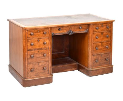Victorian walnut twin pedestal desk, inset writing panel, 75cm x 127cm x 61cm approx Condition: The top having some bubbles p