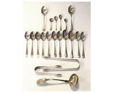 Quantity of silver flatware to include; George IV silver toddy ladle, Edinburgh 1829, sugar tongs, teaspoons, etc, 235g appro