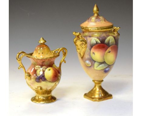 Later 20th Century Coalport covered pedestal vase, gilded and painted with fruit; together with a similar twin-handled pot po