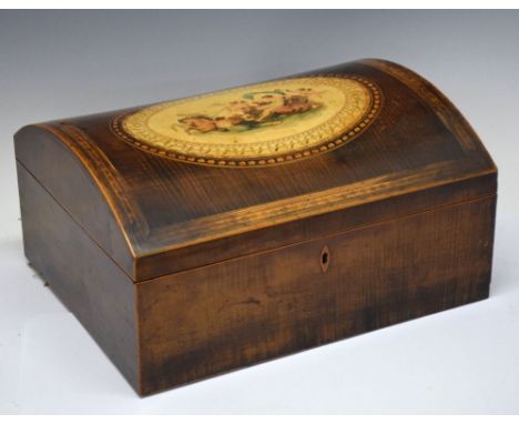 Inlaid mahogany dome top lidded box, having central decoupage panel showing classical chariot scene, 28.5cm wide Condition: L