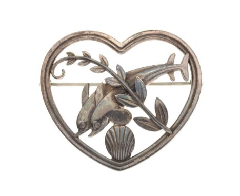 Arno Malinowski for Georg Jensen - 'Dolphins' brooch style 312, in heart-shaped frame, import marks for 1964 verso, 4.4cm wid