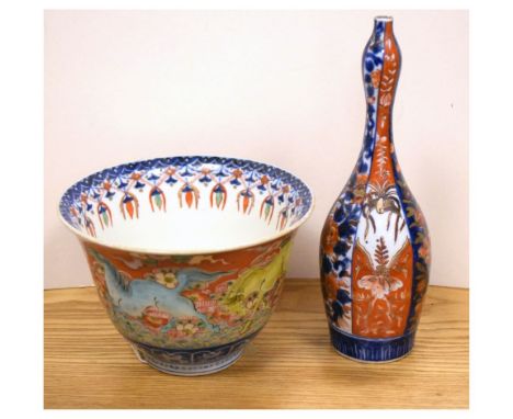 Japanese flared footed bowl and Imari tapered vase, 56cm high and smaller Condition: Vase broken and reglued at neck - Cerami