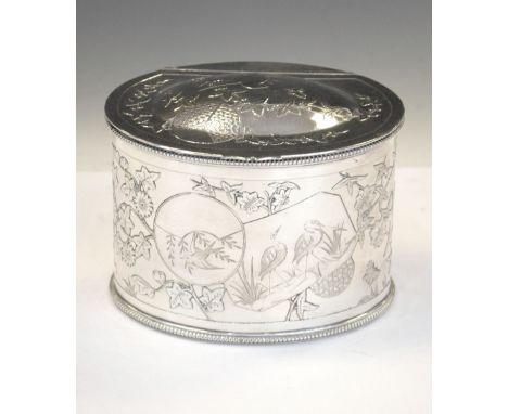 Elkington &amp; Co silver-plated biscuit barrel having bird/tree top scene decoration, 8cm high x 12cm wide Condition: Small 