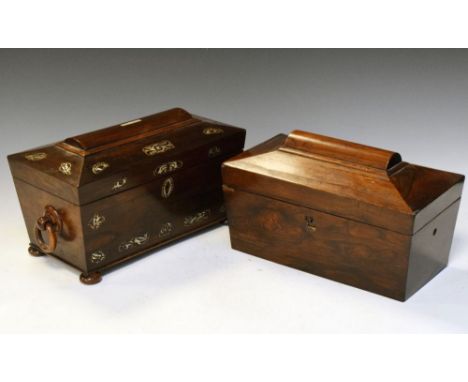 19th Century rosewood and mother-of-pearl inlaid sarcophagus tea caddy, the interior with cut glass sugar bowl, compartments 