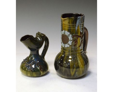 Local Interest - Elton pottery (Clevedon) tall necked jug decorated with rose motif and 'VR', together with a jug decorated w