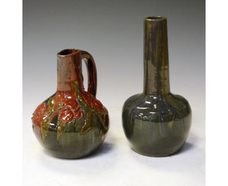 Local Interest - Elton pottery (Clevedon) ovoid jug decorated with pomegranates on a red and green marbled ground, painted ma