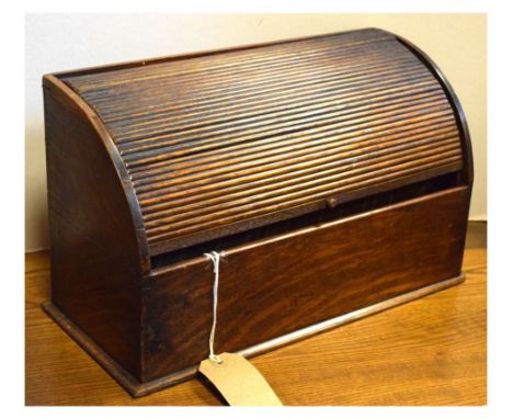 19th Century oak desk box, 23cm high Condition: Flap front sits awkwardly slight splits to side panels and base panel, overal