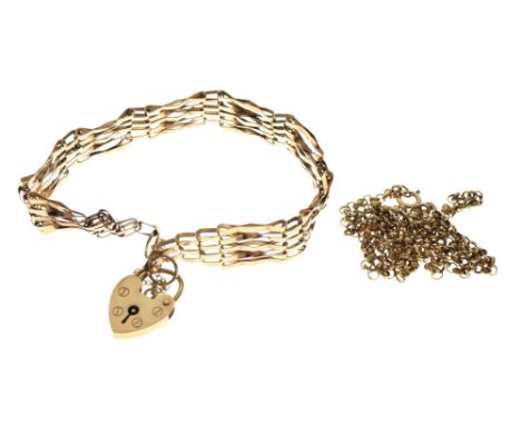 9ct gold gate-link bracelet with heart-shaped padlock, together with a 9ct gold belcher-link fine chain, 12.2g gross approx (