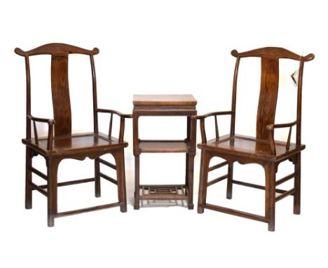 Pair of Chinese late Qing Dynasty yumu (Northern elm) 'Official's Hat' armchairs, 113cm high, together with a two-tier tea ta